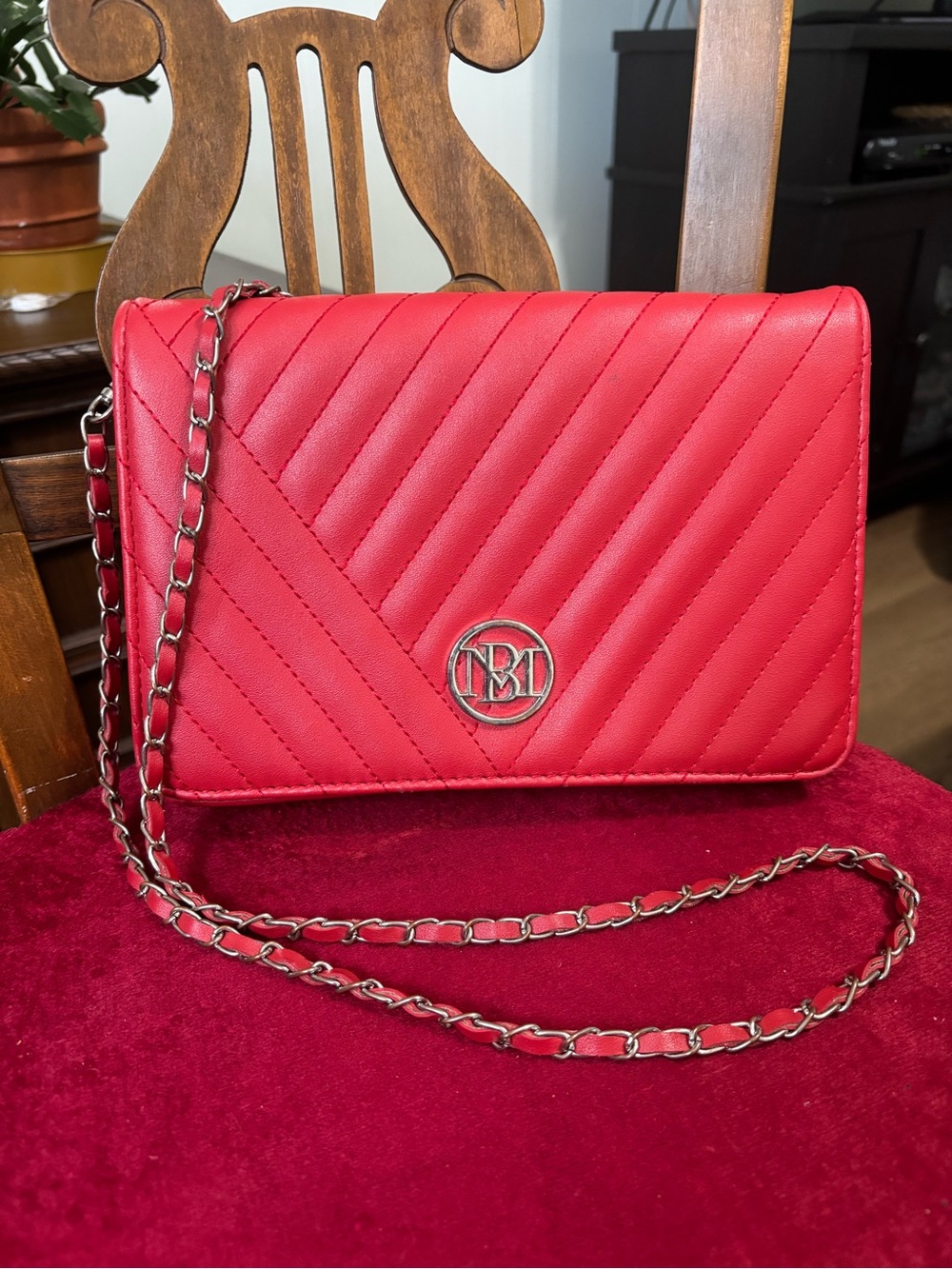 Badgley Mischka Red Quilted Crossbody with Silver Chain